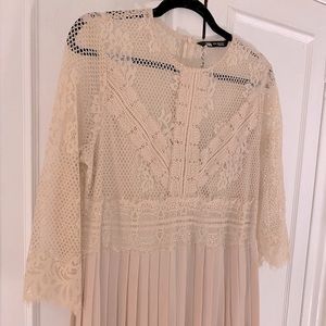 ZARA blush pink pleated midi dress with lined lace top, size XL